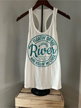 NEW White Graphic Racerback Tank “Floatin’ on the River and Killin’ My Liver”